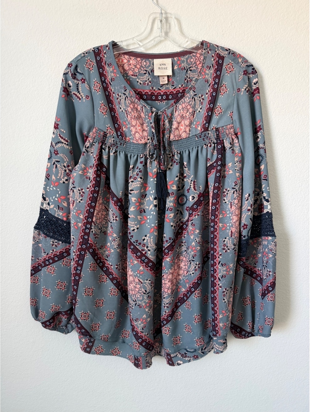 Knox Rose Balloon Lon Sleeve Tie Neck Floral Boho Peasant Blouse Women's Size M